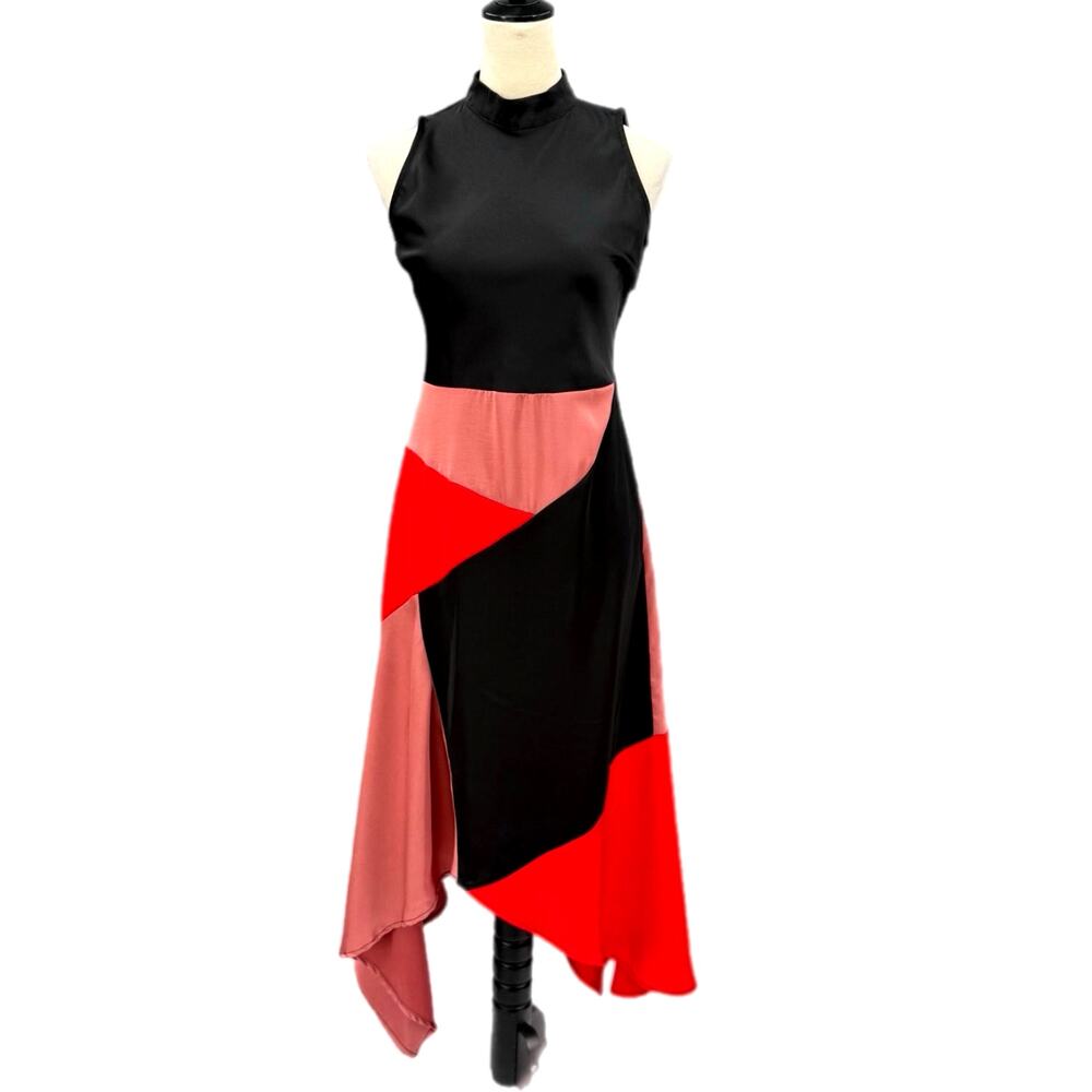 Ellison Black Red Mauve Colorblock Sleeveless Keyhole Asymmetrical Midi Dress
